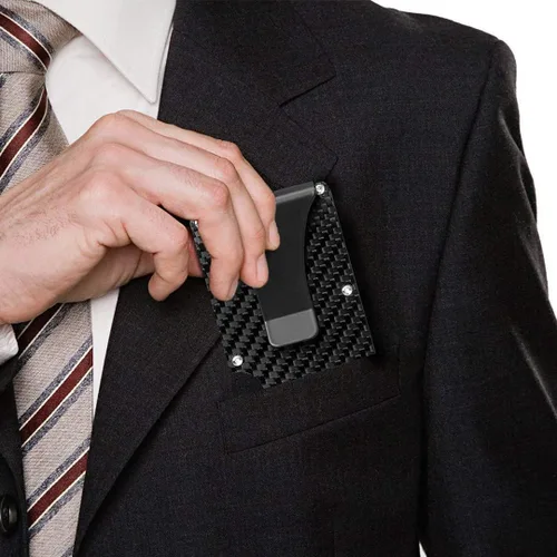 Vista 7 de Cartera de fibra de carbono soporte para tarjeta de crédito con bloqueo RFID clip de dinero minimalista delgado para hombres y mujeres negro