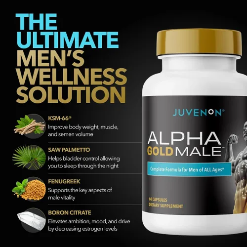 Vista 2 de Juvenon Alpha Gold - Potenciador de testosterona masculina para hombres, soporte T y vitalidad masculina con Ashwagandha KSM-66 + fenogreco +