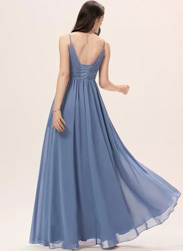 Vista 2 de MSJME Vestidos de dama de honor con cuello en V y tirantes delgados para mujer vestidos formales largos de gasa con abertura L001