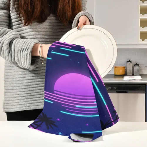 Vista 5 de Retro Neon Purple Gradient Sun Kichen Towel, 28x18 Inches Absorbent Printed Hand Towels