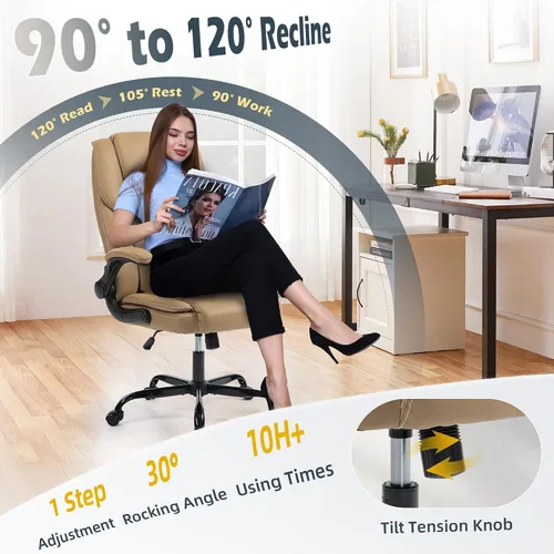 Vista 3 de Silla de oficina – Silla ejecutiva de cuero de escritorio de oficina con respaldo alto con función de balanceo – Ergonómica, transpirable, cómoda