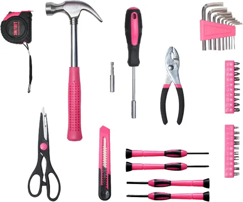 Vista 3 de Kit de herramientas básicas de 39 piezas para mujeres, juego de herramientas rosadas multiusos para el hogar con herramientas manuales y caja