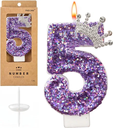 Vista 11 de PHD CAKE Velas con números de cumpleaños, velas de cumpleaños de corona rosa para pastel, velas con purpurina número 0 con lentejuelas para niñas