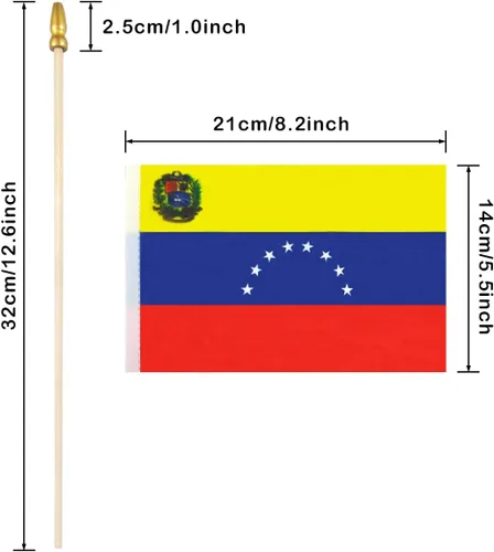 Vista 2 de QQSD Banderas de mano pequeñas de Venezuela con palo venezolano, poste de madera maciza con punta de lanza, paquete de 12