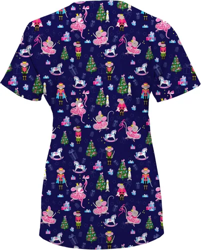 Vista 2 de Green Town Camiseta médica para mujer con cuello en V, estampados navideños, 3 bolsillos, uniformes de fácil cuidado