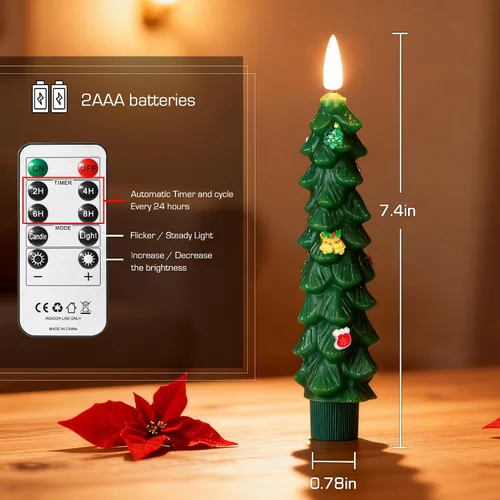 Vista 3 de 3 Piezas Velas de Árbol de Navidad Sin Llama con Control Remoto y Temporizador, Funcionan con Baterías con Llama Parpadeante 3D, Velas Cónicas de 7