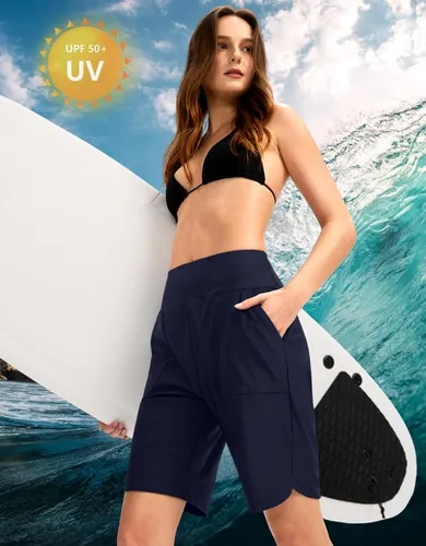 Vista 4 de Viodia Pantalones cortos de natación para mujer de 9 pulgadas de largo con bolsillos, cintura alta, trajes de baño de playa, hasta la rodilla
