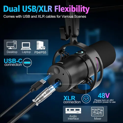 Vista 4 de Micrófono para juegos XLR/USB con brazo de brazo, micrófono dinámico con silencio de un toque, control de ganancia y conector para auriculares