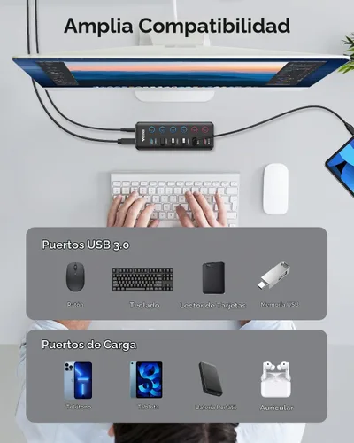 Vista 7 de Wenter Hub USB 3.0 de 6 puertos USB 3.0 (4 puertos de datos USB 3.0 + 2 puertos de carga rápida QC 3.0) con interruptores LED individuales