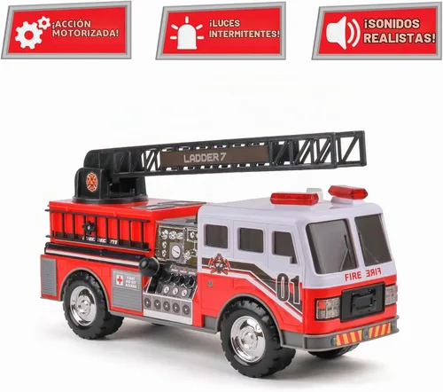 Vista 2 de Mighty Fleet Camión de escalera de bomberos motorizado Mighty con luces y sonidos, escalera motorizada, escalera extensible, diseño realista