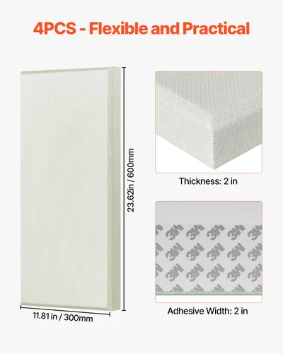 Vista 6 de VEVOR 4 piezas de paneles acústicos, paneles de absorción de sonido de fibra de vidrio de 2 pulgadas de espesor y 23.6 x 11.8 pulgadas, tableros