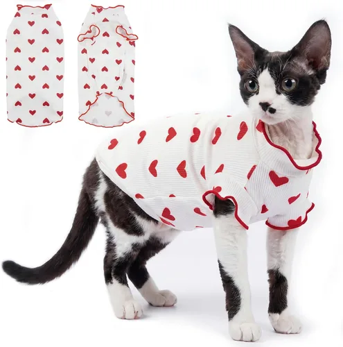 Vista 10 de DENTRUN Camisa suave de gato Sphynx, ropa transpirable con patrón de corazón para gatos