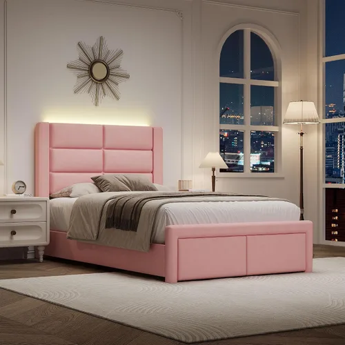 Vista 11 de Base de cama individual con cabecero tapizado y luces LED, moderno marco de cama de piel sintética con soporte de listones de madera y base
