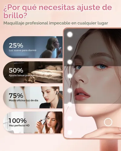 Vista 2 de Espejo de maquillaje iluminado con luces, espejo de tocador con luces, 16 luces LED, espejo de escritorio regulable con luz, fuente de alimentación