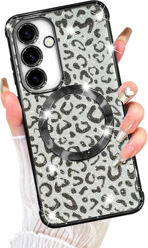Vista 14 de Fiyart Funda diseñada para Samsung Galaxy S21, compatible con MagSafe Cheetah Print Plate, protección de cámara, transparente, magnética