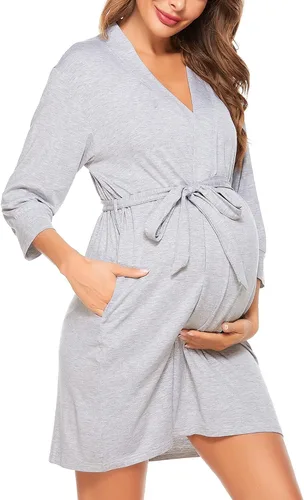 Vista 16 de SWOMOG Women's Maternity Nursing Robe Pregnancy Breastfeeding Bathrobes 3 in 1 Labor Delivery Nightgown Negro (Long Sleeve-Black)