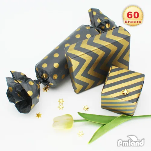 Vista 7 de PMLAND Papel de seda de alta calidad para envolver regalos, color negro metálico dorado con rayas zigzag, 20 x 14 pulgadas, 60 hojas