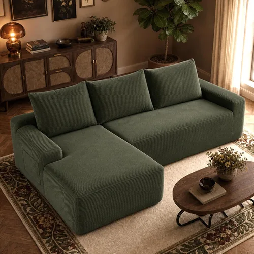 Vista 31 de Sofá seccional negro de 96.9 pulgadas, sofá modular de pana sin hueso con resortes y espuma de alta resistencia, asiento profundo compacto de gran
