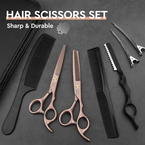 Vista 6 de JASON Juego de 10 tijeras profesionales para corte de pelo, tijeras de adelgazamiento y texturización de 6.7 pulgadas, tijeras rectas para hombres