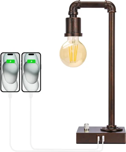 Vista 8 de Lámpara de mesa industrial para dormitorio, lámpara de noche completamente regulable con puertos USB C+A, lámpara vintage con diseño de tubo