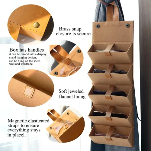 Vista 4 de Besforu Estuche para lentes de sol para hombres o mujeres, estuche rígido para múltiples anteojos, caja portátil con 5 ranuras para organizar gafas