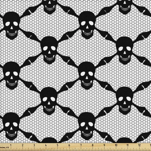 Vista 6 de Ambesonne The Yard, tela de calavera colorida con temática de Halloween, diseño de calavera y huesos cruzados, divertido estampado de dibujos
