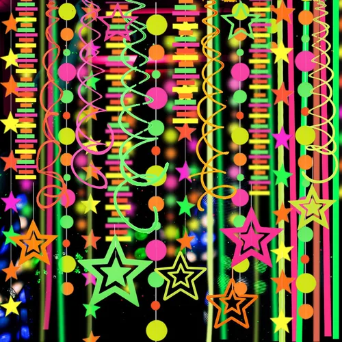 Vista 16 de Serpentinas de guirnalda de papel de neón redondas UV de 115 pies, decoraciones de luz negra para suministros de fiestas que brillan y decoraciones
