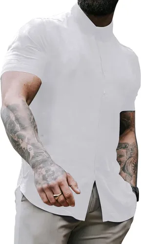 Vista 3 de Camisas de manga corta con botones para hombre, estilo casual, ajuste muscular, para el verano