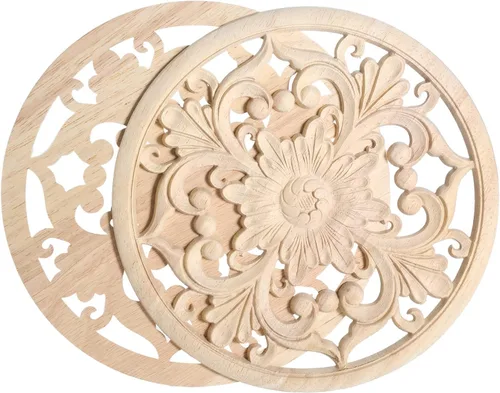 Vista 3 de MUXSAM Apliques decorativos de madera, 1 pieza redonda de madera, calcomanías talladas sin pintar, decoración central para el hogar, armario, camas