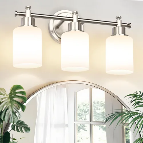 Vista 18 de Lámparas de baño negras de 3 luces, modernas luces de tocador sobre el espejo, apliques de pared de baño con pantalla de vidrio blanco, enchufe E26