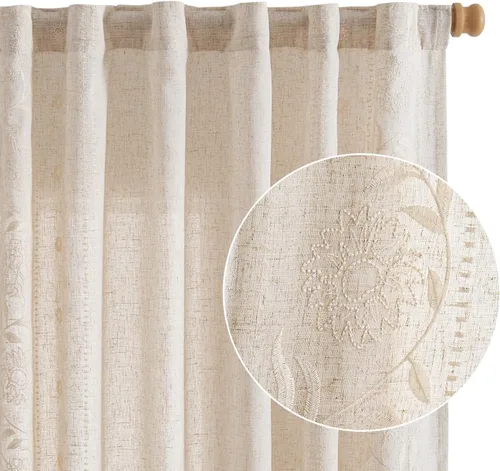 Vista 9 de jinchan Cortinas de lino floral marfil para sala de estar 84" pestaña