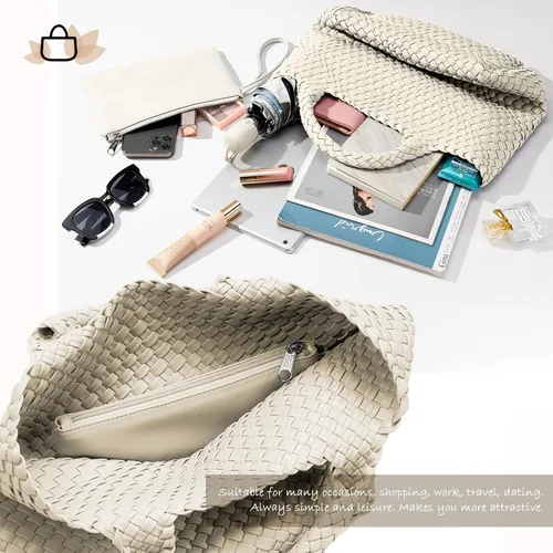 Vista 5 de KALIDI Bolso de playa de mano de paja Bolso de hombro a rayas cosido PU mango de cuero Zippe Viaje Compras Picnic