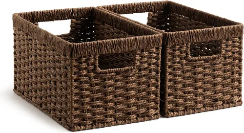 Vista 33 de StorageWorks Cesta de mimbre con asa, cestas de almacenamiento de mimbre para organizar, cestas de almacenamiento decorativas para estantes, cuerda