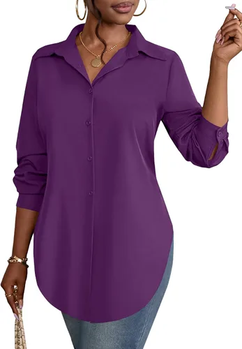 Vista 13 de Rooscier Blusa larga con cuello en V para mujer, manga larga, abertura lateral, con botones
