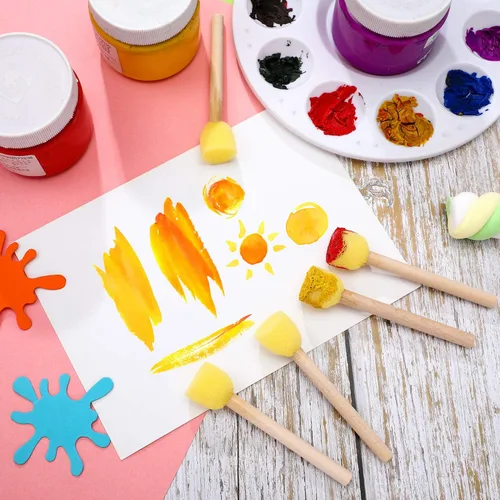 Vista 5 de Outus Juego de 40 brochas redondas de espuma de esponja para pintar con mango de madera, plantilla de espuma, herramientas de pintura para pintar