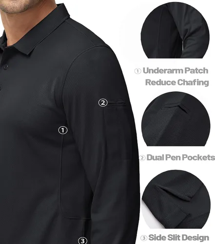 Vista 4 de MAGCOMSEN - Camisetas polo para hombre, 3 botones, de secado rápido, manga larga, rendimiento táctico, suéter de piqué para golf