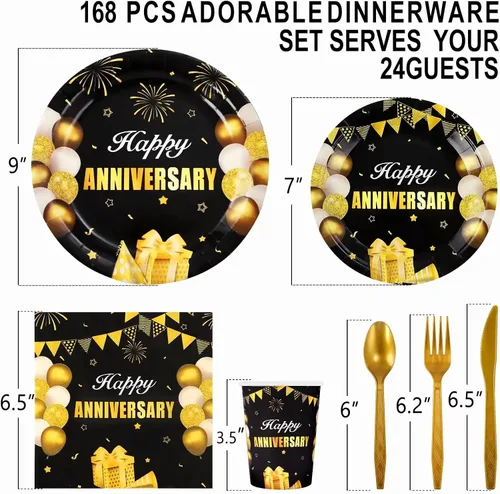 Vista 2 de Juego de vajilla de 168 piezas de suministros de fiesta en negro y dorado, platos, cuchillos, tenedores, cucharas, tazas y servilletas, decoraciones
