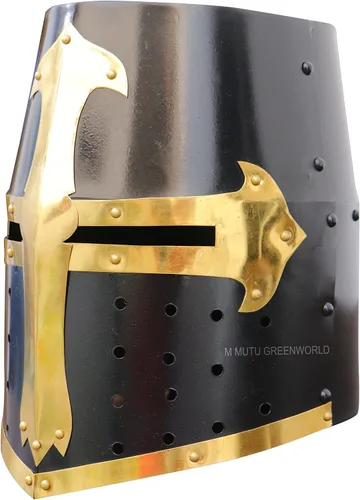Vista 3 de MUTU GREENWORLD SHEL03 Casco medieval de caballero de los cruzados templarios réplica de armadura negra y dorada para cosplay, Halloween, LARP