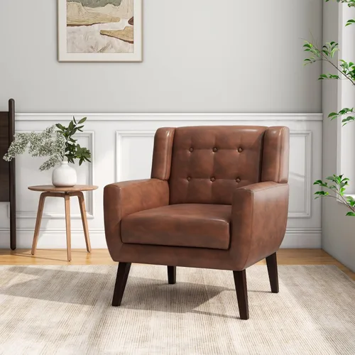 Vista 33 de Accent Chair Set of 1, Comfy Reading Armchair, Beige Linen Blend, Tufted Button Backrest, Solid Wood Frame, Upholstered Club Single Sofa Chairs