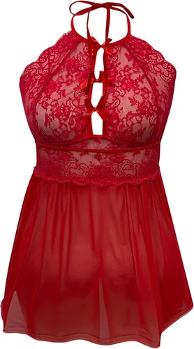 Vista 7 de Lencería de talla grande para mujer para sexo travieso juego de encaje transparente pijamas halter camisola babydoll de peluche