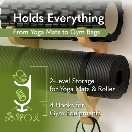 Vista 2 de Tapeera Soporte de pared para esterilla de yoga de madera, estante de almacenamiento para esterilla de yoga, almacenamiento y organizador de equipos