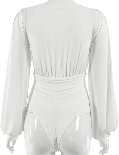 Vista 5 de Weigou - Body o enterizo de manga larga con cuello en V, plisado, holgado, para mujer, camisas de leotardo
