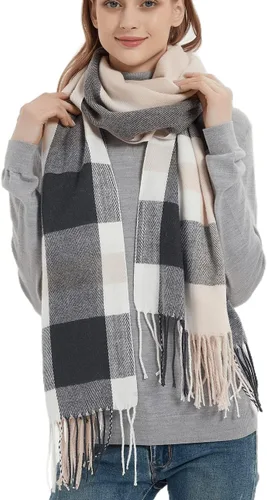 Vista 26 de Wander Agio Chal Largo de Moda para Mujer con Cuadrícula Grande, Bufanda Grande Cálida de Rejilla para Invierno Beige