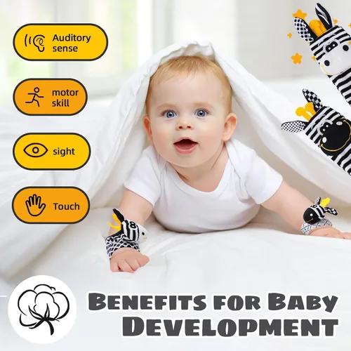 Vista 5 de Juguetes para bebés de 0 a 6 meses, juguetes de alto contraste para recién nacidos, juguetes en blanco y negro, calcetines y juguete de muñeca