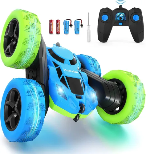 Vista 17 de Hamdol Auto de control remoto para niños, auto de acrobacias RC giratorio de 360°, vehículo eléctrico 4WD de doble cara con luces LED, autos de Azul