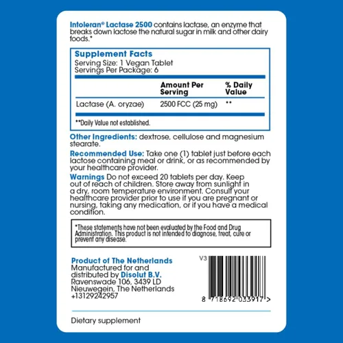 Vista 9 de Intoleran Lactase 2500 Digestive Enzymes Testpack - 6 tabletas Suplemento para intolerancia a la lactosa Enzima lactasa que ayuda a digerir