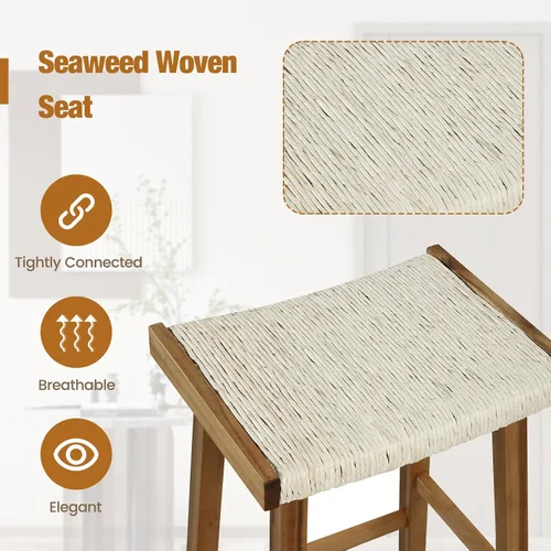 Vista 5 de COSTWAY Juego de 2 taburetes de comedor de 25.5 pulgadas de altura de mostrador con asiento tejido de algas marinas, madera de goma, marco de madera