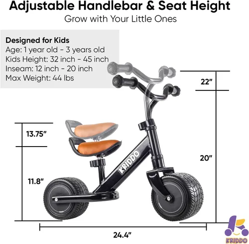 Vista 6 de KRIDDO Bicicleta de Equilibrio para Niños de 1-2 Años, Mini Crucero para el Primer Cumpleaños, Negro