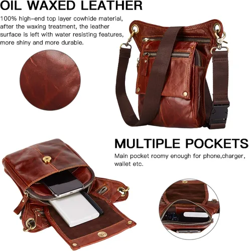 Vista 5 de LATÓN TACKS cuero vintage hecho a mano motocicleta al aire libre bicicleta gota cuero pierna bolsa para hombres mujeres muslo bolsa cintura riñonera