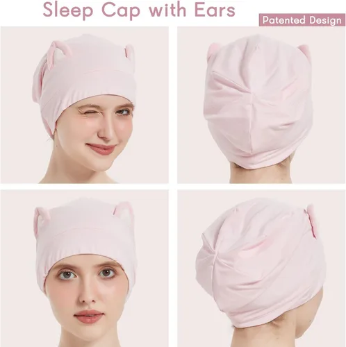 Vista 2 de Hat Hut Gorro de satén de seda para el cabello, gorro de dormir para cabello rizado, gorro ajustable con forro de seda con orejas